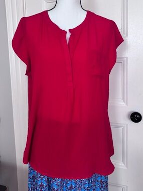 Liz Claiborne Red Short Sleeve Split Neck Blouse - Size Large